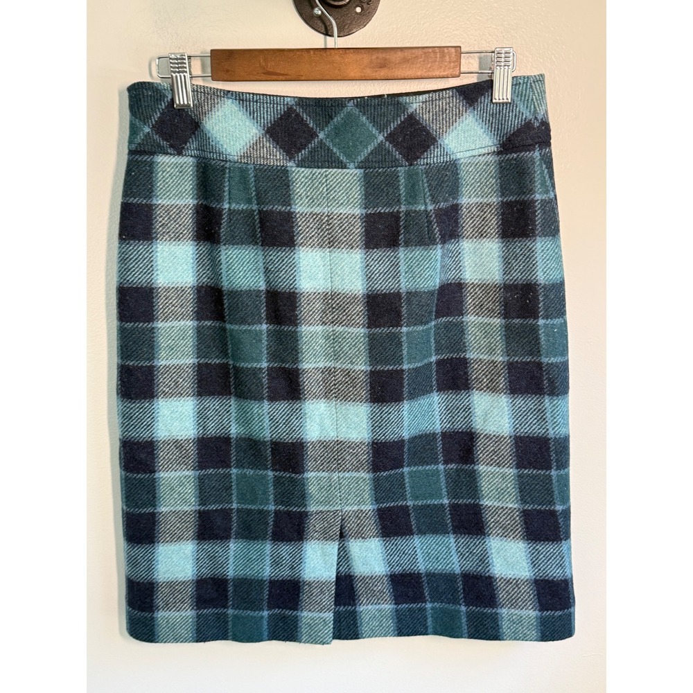 L.L.Bean Favorite Fit Plaid Wool Blend Pencil Skirt Blue Teal Navy Women 6 Reg